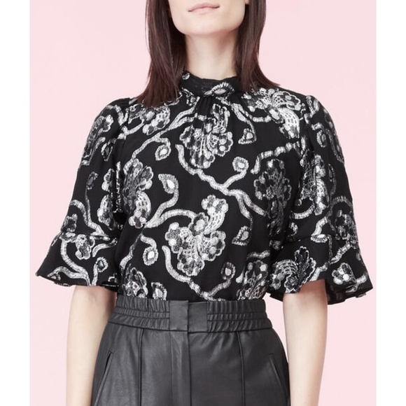 NWT Rebecca Taylor Lily Lurex Clip Silk Top w/ Ruffle Sleeves Sz. 8 - Picture 1 of 7